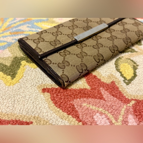 GUCCI Unisex Vintage GG Monogram Brown Leather/Canvas Long Continental Wallet - Picture 7 of 16